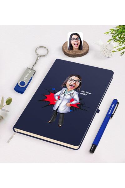 Bk Gift Kişiye Özel Kadın Doktor Karikatürlü Lacivert Defter Kalem 32gb Usb B...