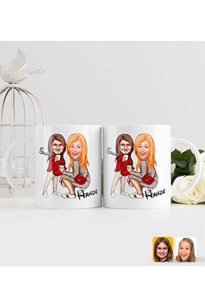 Bk Gift Kişiye Özel Anne Kız Karikatürlü Ikili Kupa Bardak-3