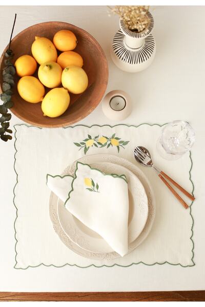 KM Home Collection 4'lü Limon Işlemeli %100 Keten Amerikan Servis 37 X 46 Cm