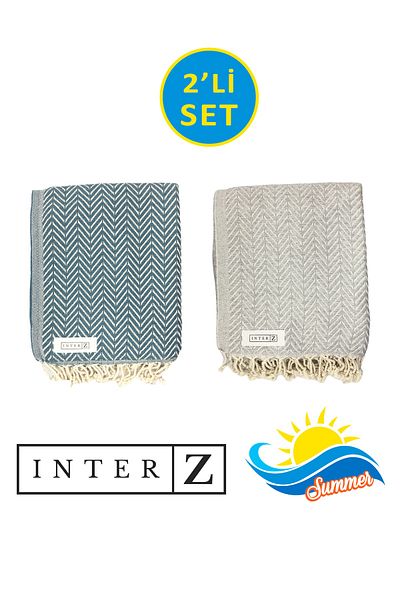 INTER Z Σετ 2 πετσέτες παραλίας Peshtemal, 100% βαμβάκι, Xxl 100x180cm, Marmaris, Γκρι - Μπλε