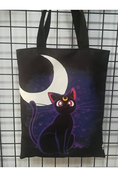 owl bag Sailor Moon- Kara Kedi Desenli Tasarım Kumaş Omuz Çantası