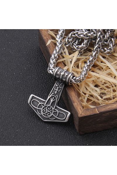 Viking Men's 316L Steel Necklace - Thor Mjollnir Hammer Boutique Triquetra Symbol