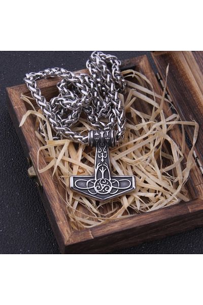 Viking Men's 316L Steel Necklace - Thor Mjollnir Hammer Boutique Triquetra Symbol