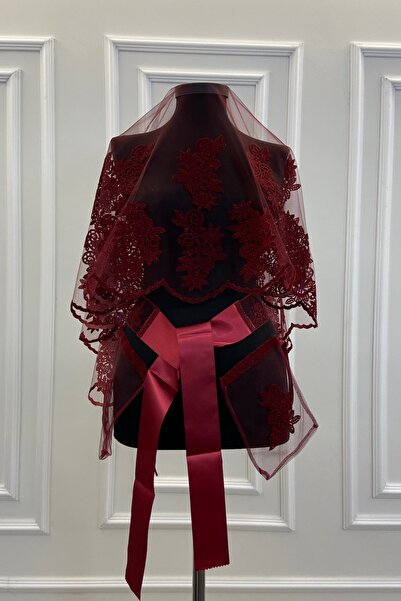 ZEYMERADE Bordo Güpür Desenli Flok Baskı Simli Gelin Duvak Kuşak Eldiven Set