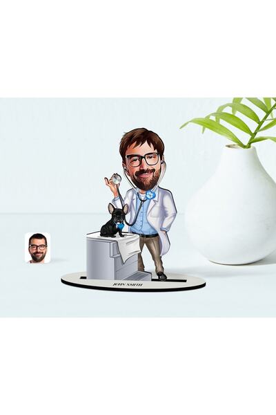 Bk Gift Kişiye Özel Erkek Veteriner Hekim Karikatürlü Ahşap Biblo Model