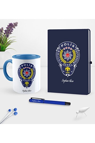 Bk Gift Kişiye Özel Polis Temalı Lacivert Defter Kalem Kupa Seti - 2