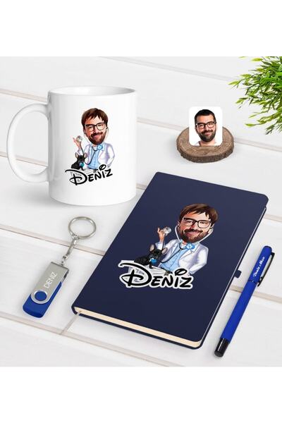 Bk Gift Kişiye Özel Erkek Veteriner Hekim Karikatürlü Lacivert Defter Kalem K...