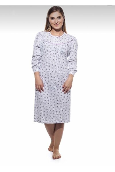 SayaSocks Kadın Büyük Beden Mor Uzun Kollu Çiçek Desenli Penye Anne Gecelik
