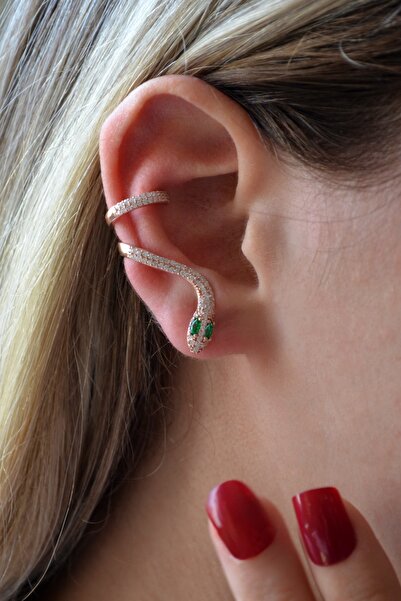 Argentum Concept 925 Ayar Gümüş Zirkon Taşlı Rose Yılan Biçimli Kıkırdak Küpe...