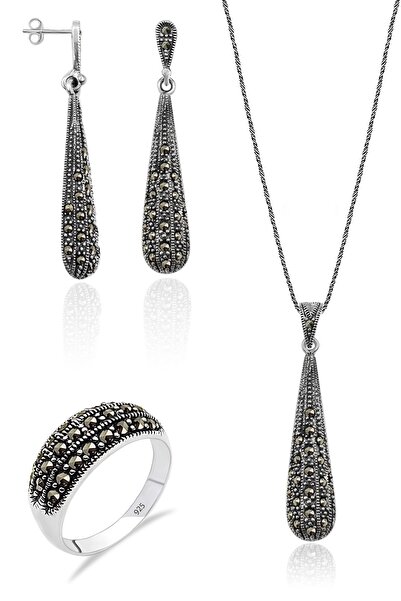 Aykat 925 Ayar Gümüş Set Markazit Model Kolye Küpe Yüzük Set-300