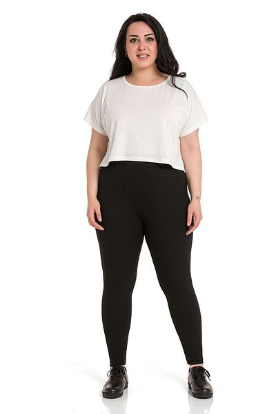 DISENTIS MODEST Large Size Ribbed Elastic Waist Ankle Length Black Tights