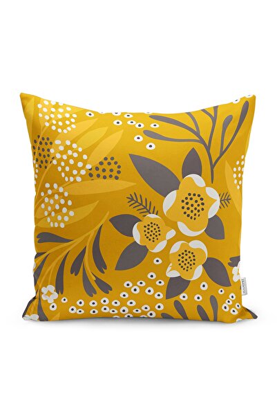 Realhomes Sarı Zeminli Otantik Motifli Yaprak Motifli Yastık Kırlent Kılıfı