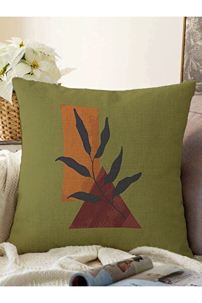 Realhomes Yeşil Zemin Onedraw Geometrik Çizimli Yaprak Motifli Raşel Örme Kır...