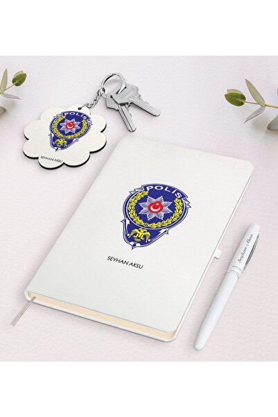 Bk Gift Kişiye Özel Polis Beyaz Defter Kalem Ve Anahtarlık Hediye Seti-2