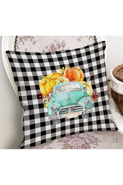 Realhomes Cu design carouri alb-negru Pumpkin Car Husa de perna moderna