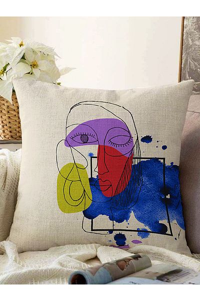 Realhomes Watercolor Face Motif Digital Printed Decorative Raschel Knitted Pillow Throw Pillow Case