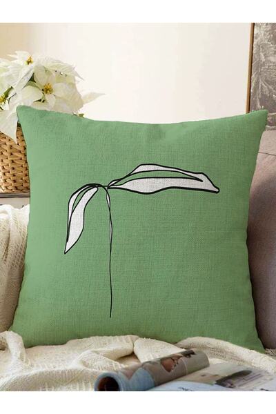 Realhomes Soyut Yeşil Zeminli Onedraw Yaprak Çizimli Raşel Örme Yastık Kırlen...