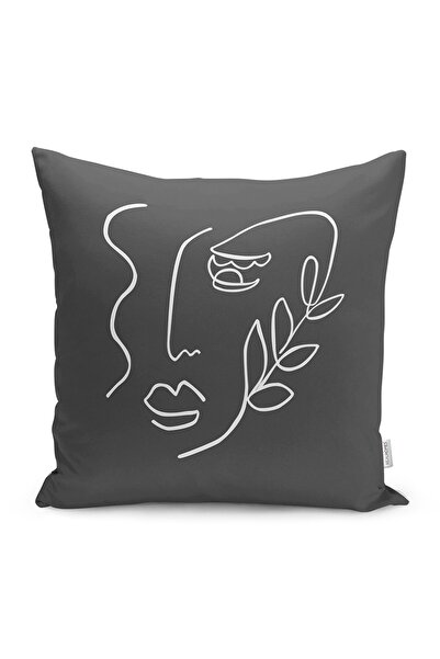 Realhomes Koyu Gri Zeminli Oneline Çizimli Dekoratif Süet Yastık Kırlent Kılıfı