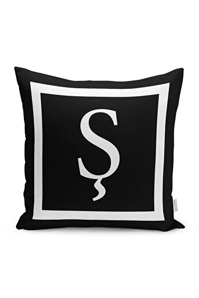 Realhomes Siyah Zemin Beyaz Çerçeveli Ş Harfi Dijital Baskılı Kırlent Kılıfı