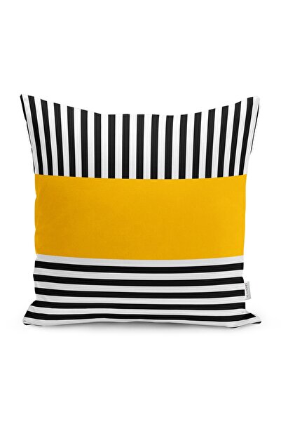 Realhomes Sarı Zemin Siyah Çizgili Dijital Baskılı Modern Yastık Kırlent Kılıfı