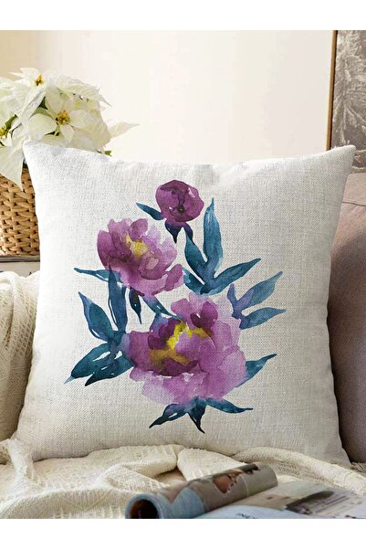 Realhomes Mor Suluboya Motifli Gül Tasarımlı Modern Raşel Örme Yastık Kırlent...