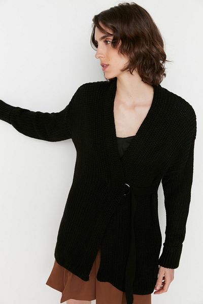 Trendyol Collection Black Knitted Cardigan with Binding Detail