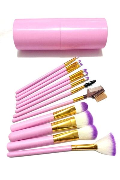 oldskoolbutik Комплект четки за грим от 12 части, розов, професионален