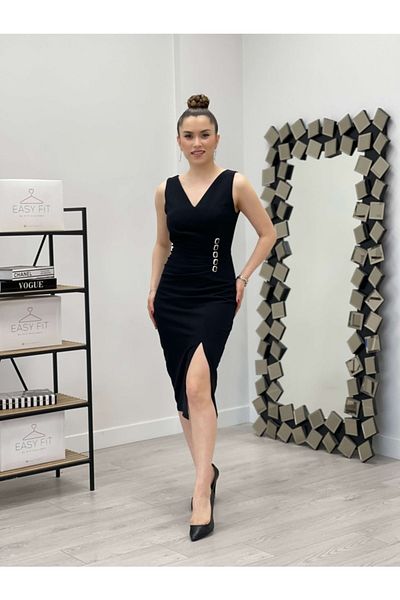 giyimmasalı Atlas Fabric Stone Detailed Pencil Dress - Black