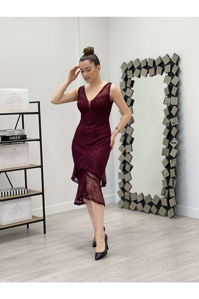 giyimmasalı Sequin Fabric Knitted Detailed Flounce Dress - Claret Red