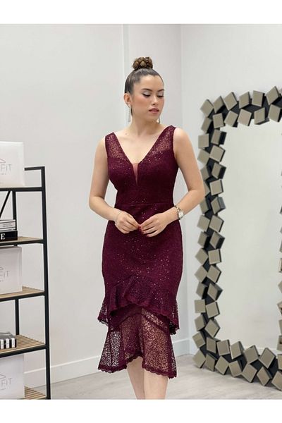 giyimmasalı Sequin Fabric Knitted Detailed Flounce Dress - Claret Red