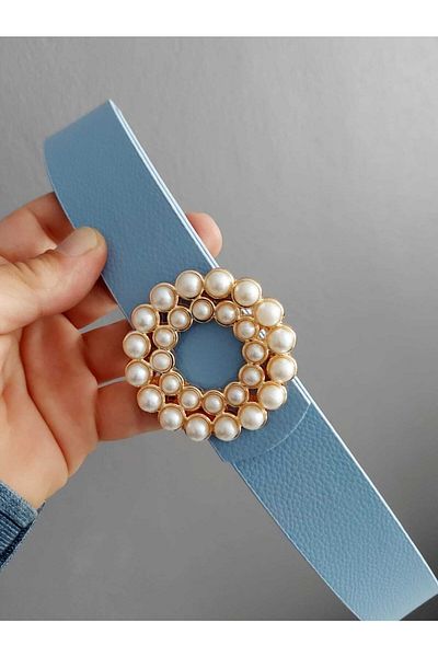 Kemerix Women's Pearl Stone Gold Round Buckle Belt