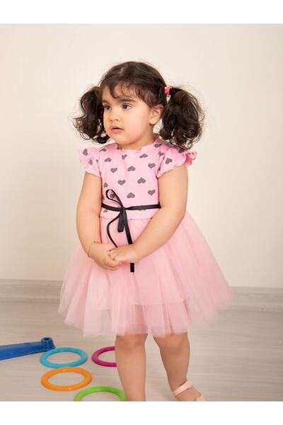Mika Bebek & Çocuk Kalp Desenli Tüllü Kız Çocuk Pembe Yazlık Elbise