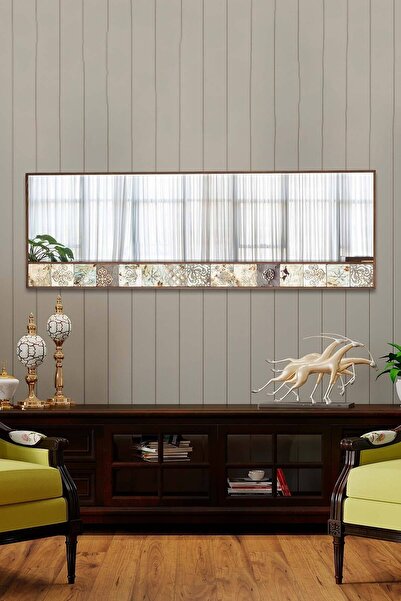 bluecape Doğal Ağaç 50x152 Cm Çerçeveli Antik Limra Taş Kaplı Salon Duvar Konsol Ofis Boy Aynası