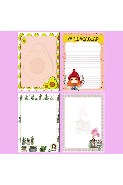Fatofotofan Avocado, Cactus, House Drawing and Mickey Girl 4-Piece Notepad Memopad A6 10x14 Cm, Set