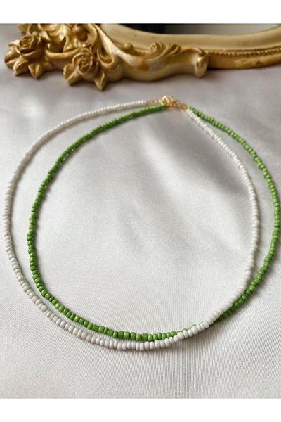 SWORDS CONCEPT Double White Green Bead Necklace