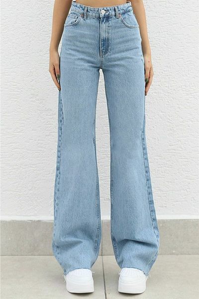 LİMABEL Blue High Waist Loose Jeans Blue Snow Wash Palazzo Lycra Stretch Jeans ύφασμα