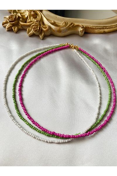 SWORDS CONCEPT Triple White Green Pink Bead Necklace