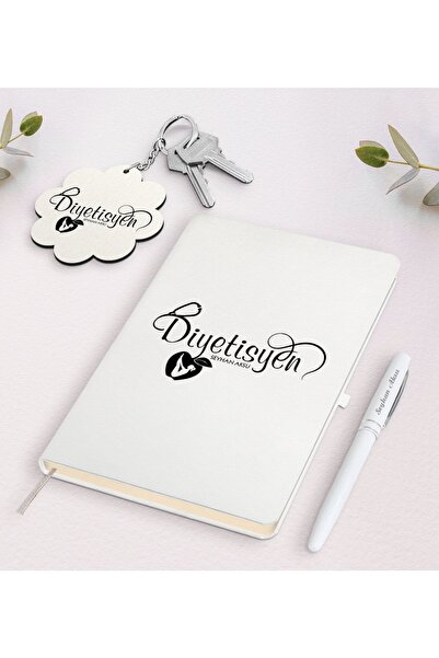 Bk Gift Kişiye Özel Diyetisyen Beyaz Defter Kalem Ve Anahtarlık Hediye Seti-1