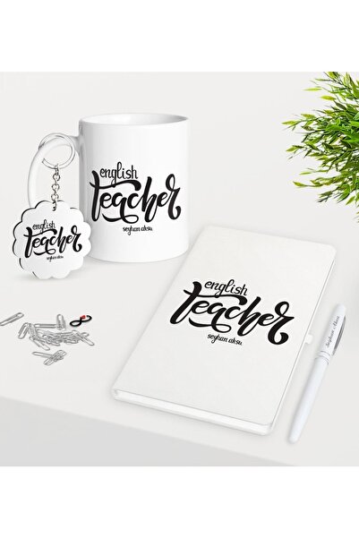 Bk Gift Kişiye Özel Ingilizce Öğretmeni Kupa Anahtarlık Beyaz Defter Kalem He...