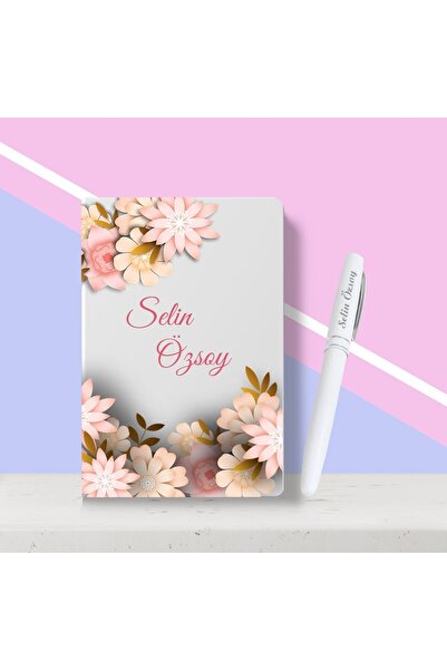 Bk Gift Kişiye Özel Çiçek Desenli Beyaz Defter Kalem Seti-6