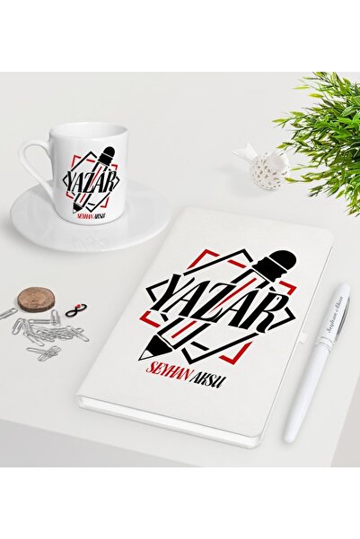 Bk Gift Kişiye Özel Yazar Beyaz Defter Kalem Türk Kahvesi Fincanı Seti-3