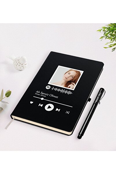Bk Gift Kişiye Özel Fotoğraflı Spotify Barkodlu Siyah Defter Kalem Seti-1