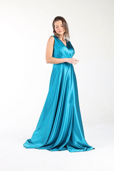 ALİS DRESS فستان سهرة من الساتان ذو ثنيات على الصدر باللون البترولي