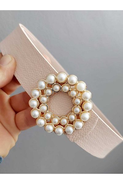 Kemerix Women's Pearl Stone Gold Round Buckle Powder Belt