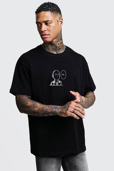 SUNFREE Anime Saitama One Punch Man Ok Γραφιστική Oversize Unisex Μαύρο T-shirt