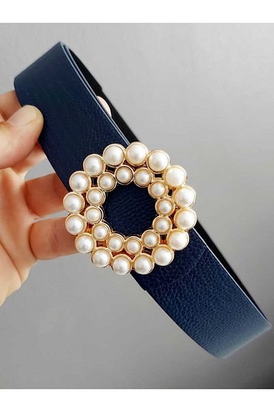 Kemerix Women's Pearl Stone Gold Round Buckle Double Sided Navy Blue-black Belt