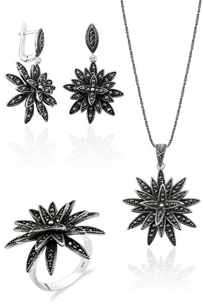 Aykat Markazit Taşlı Yıldız Modeli Oksitli Gümüş Set Yüzük Küpe Kolye Set-327