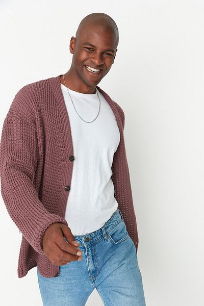 Trendyol Collection V-Neck Dusty Rose Oversize Cardigan - Textured, TMNAW21HI0238