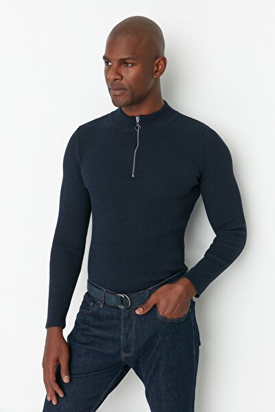 Trendyol Collection Темно-синій пуловер з тонкої бавовняної напівводолазки на блискавці TMNAW20KZ1034