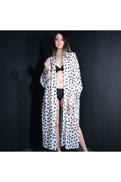 Tedz Collection White Kimono Pareo with Black Polka Dots